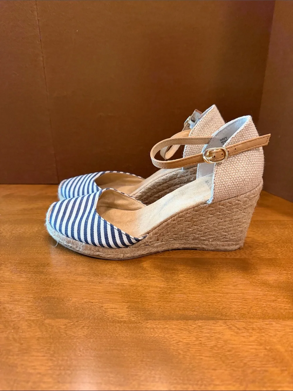 White Mountain Blue and White Striped Espadrille Wedge Sandals